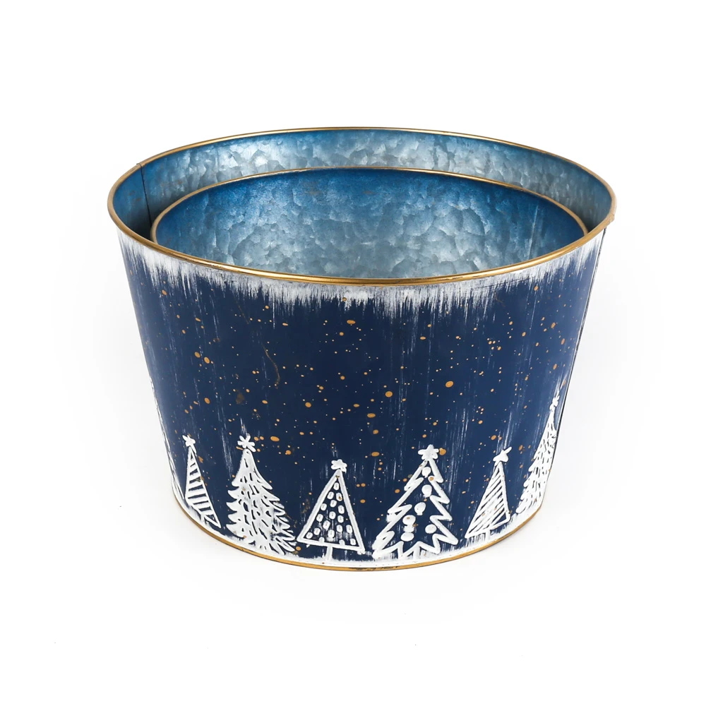 Factory Newest Bulk Sale Christmas Outdoor Decoration Blue Christmas Tree Iron Flower Pot  container  packing/giftpacking