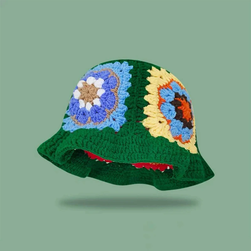 Custom Colorful New Fashion Summer Flower Handmade Sun Hat Knitted Fisherman Cap Hollow Women Girls Crochet Knitted Bucket Hat