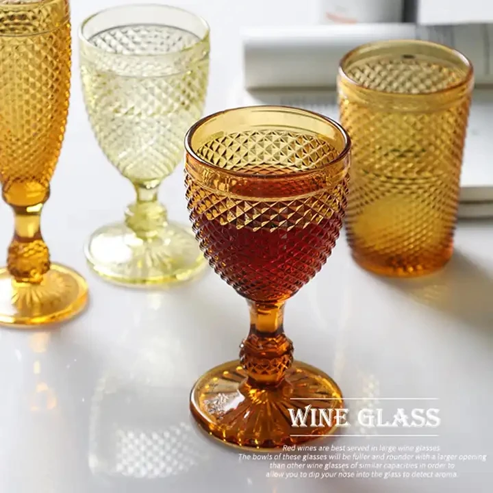 Wholesale Vintage Wine Goblet Glass Wave Point Design Glassware Glass Color Wine Glasses