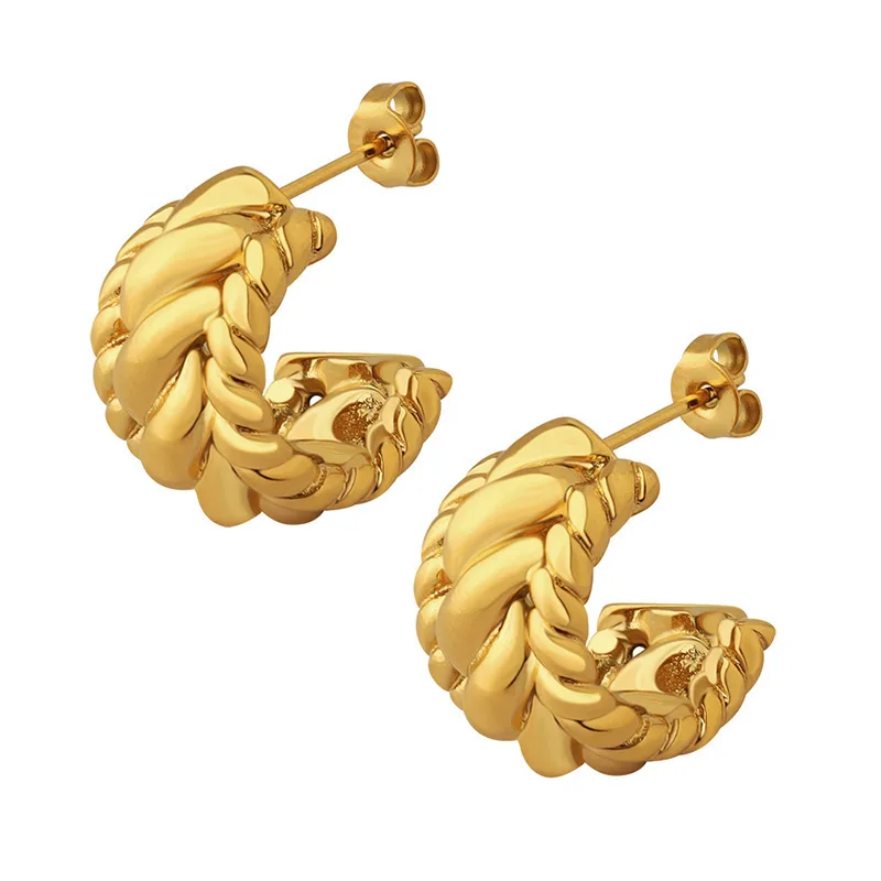 Vintage Luxury Jewelry Tarnish Free 18k Gold Plated Stripes Cold Stainless Steel Grain C Shape Hoop Earrings For Women