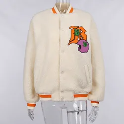 Plush Casual Cardigan Sweater For Women Fall Warm Letter Print Loose Coat Long Sleeve O Neck Winter Jacket