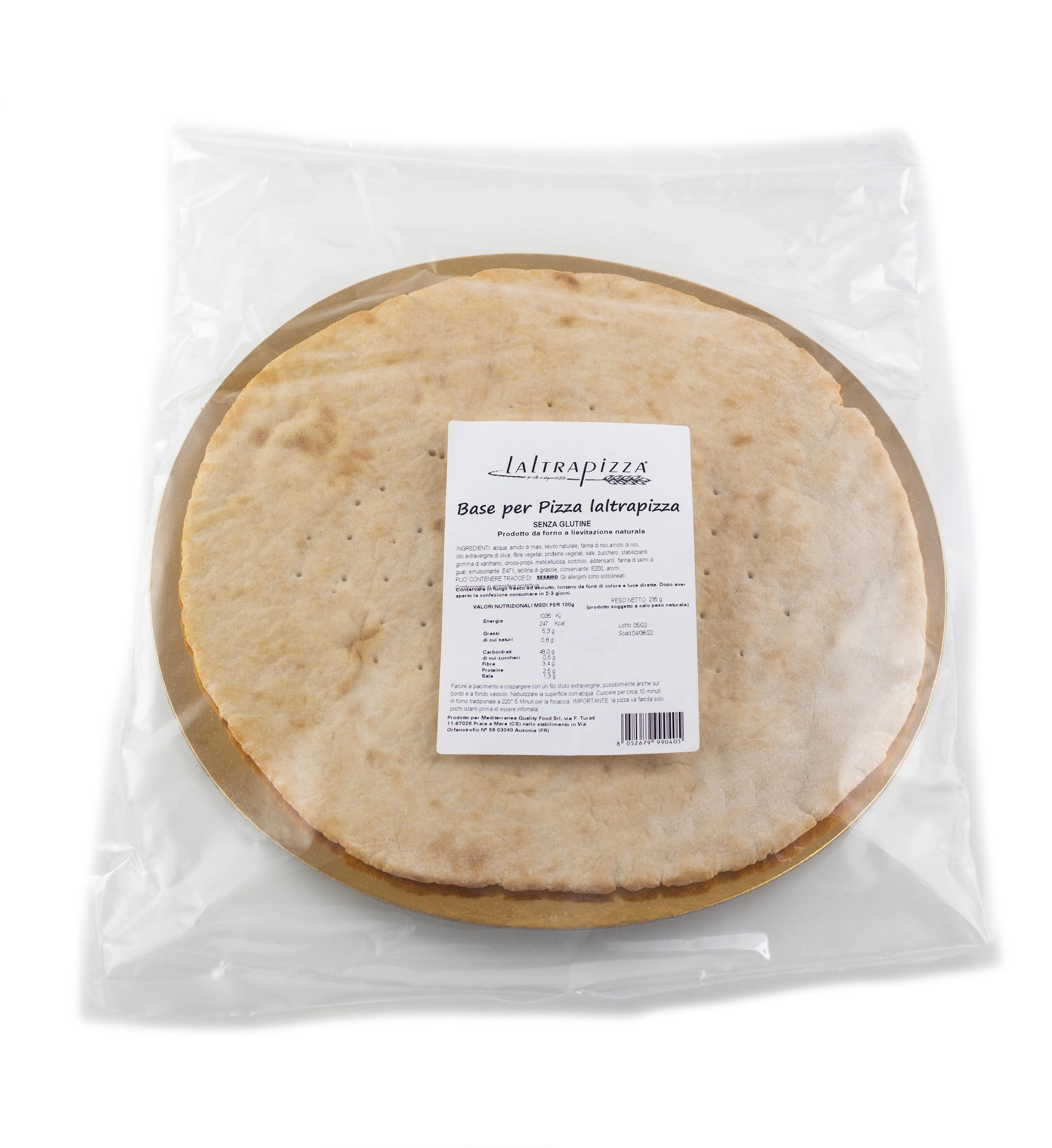 Precooked baked gluten-free round base 30 cm 235 gr high quality Italian food product to be garnished and baked in the oven