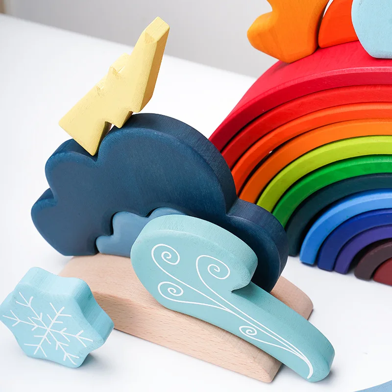 13 PCS Kids Wooden Building block Nordic Creative Blue Weather Blocks Stacking Baby Educational DIY Toys Play for Toddler