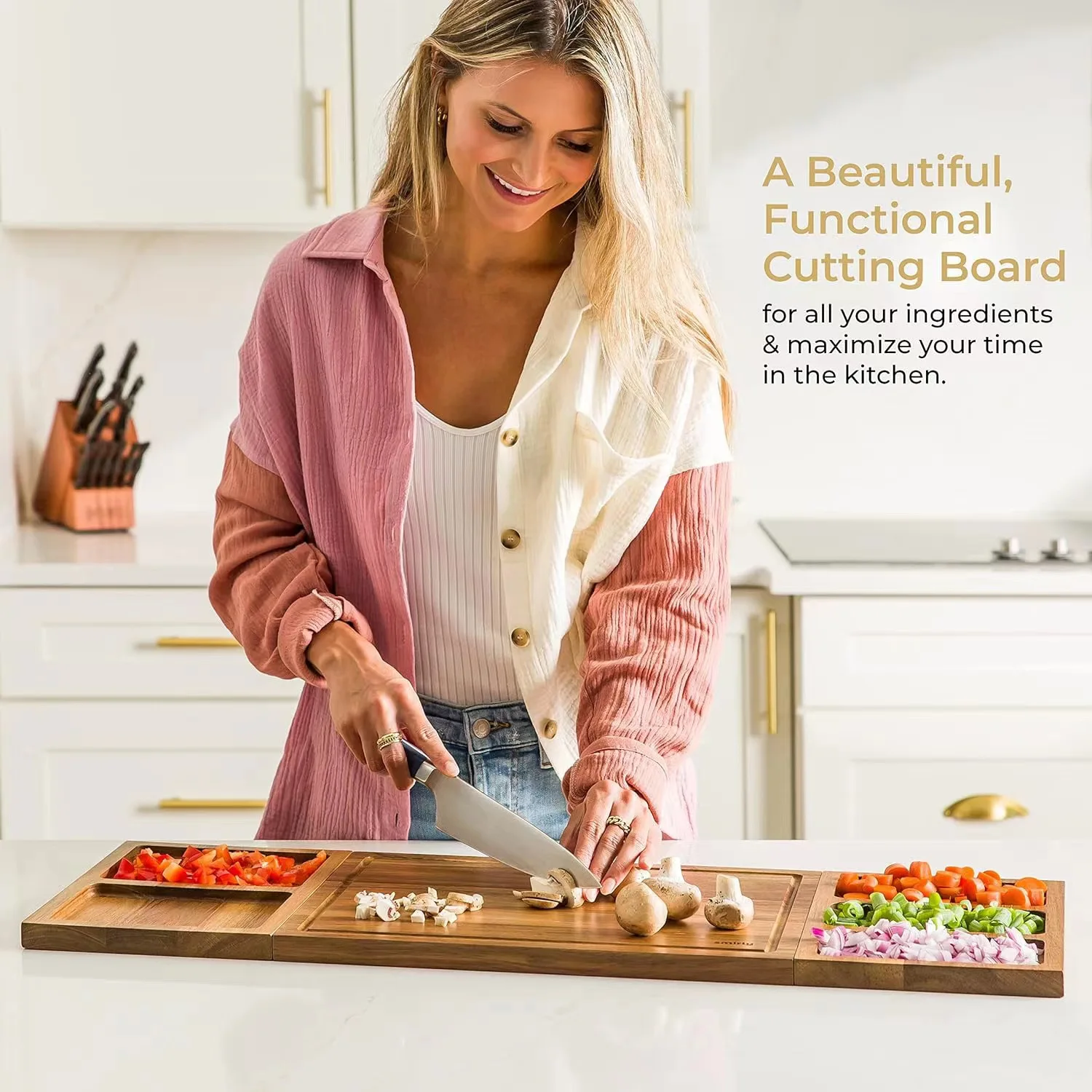 Acacia Wood Enlarged Cutting Board  Set With Magnetic Suction Splicing Cutting Board and Divided Tray, Vegetables and Cheese