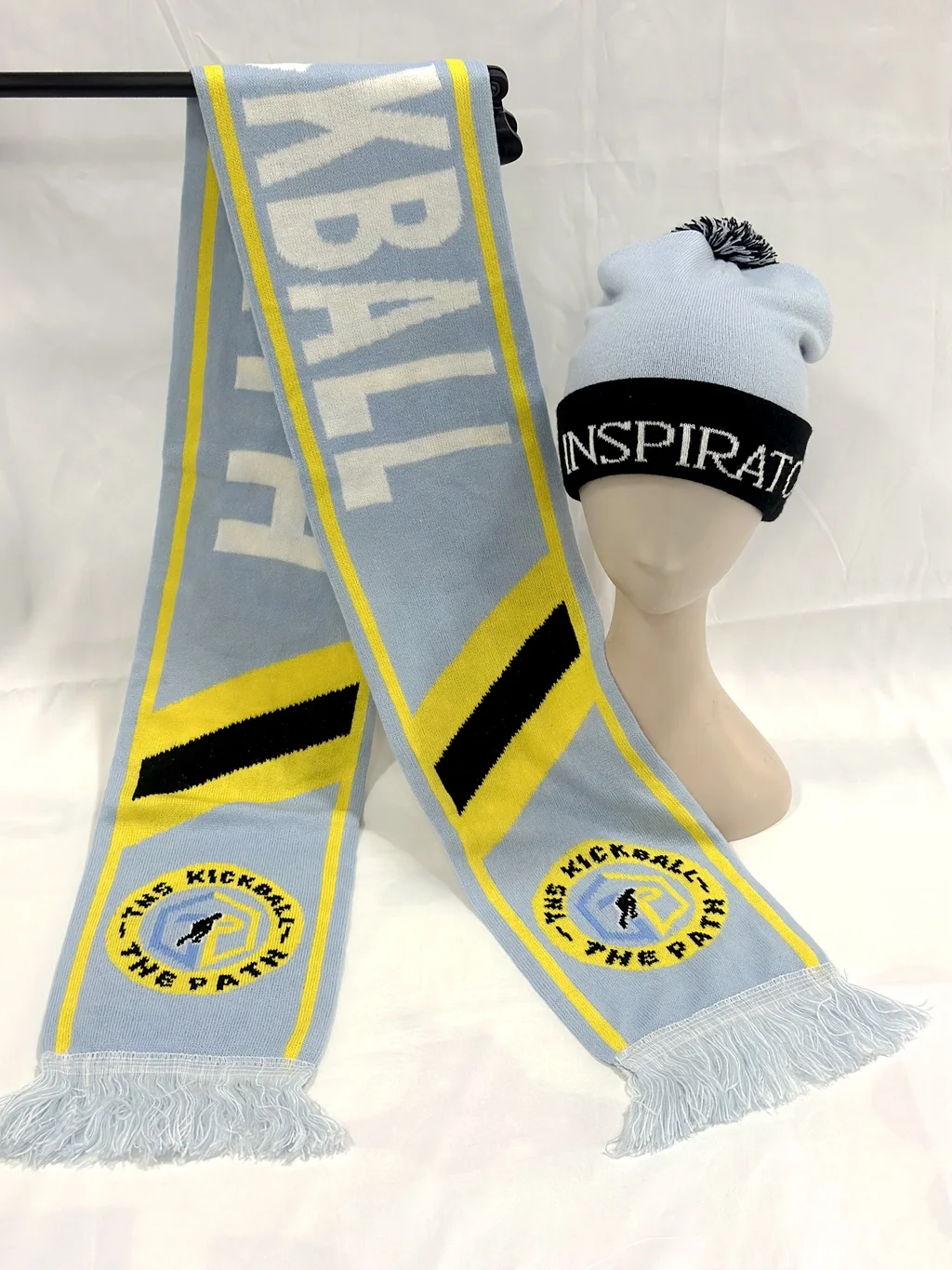 Weather forecast company emblem and character avatar knitted jacquard acrylic beanie hat and muffler  scarf