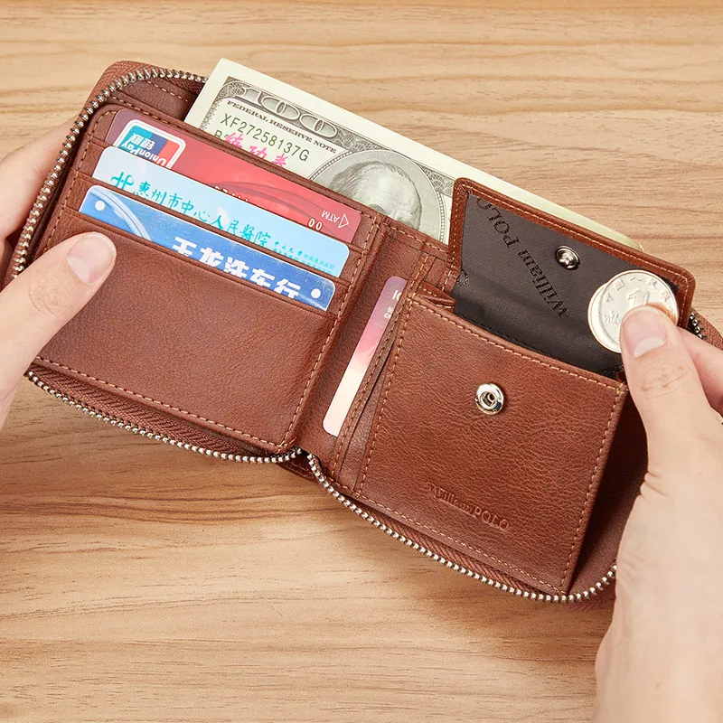 Hot Sale Zipper Short Leather wallet Man Coin purse Man leather card wallet   vintage wallet brown Bag