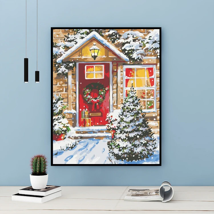 Christmas Picture Painting by Number Scenery Painting on Canvas Oil Painting Snow House Fine Festival Gifts