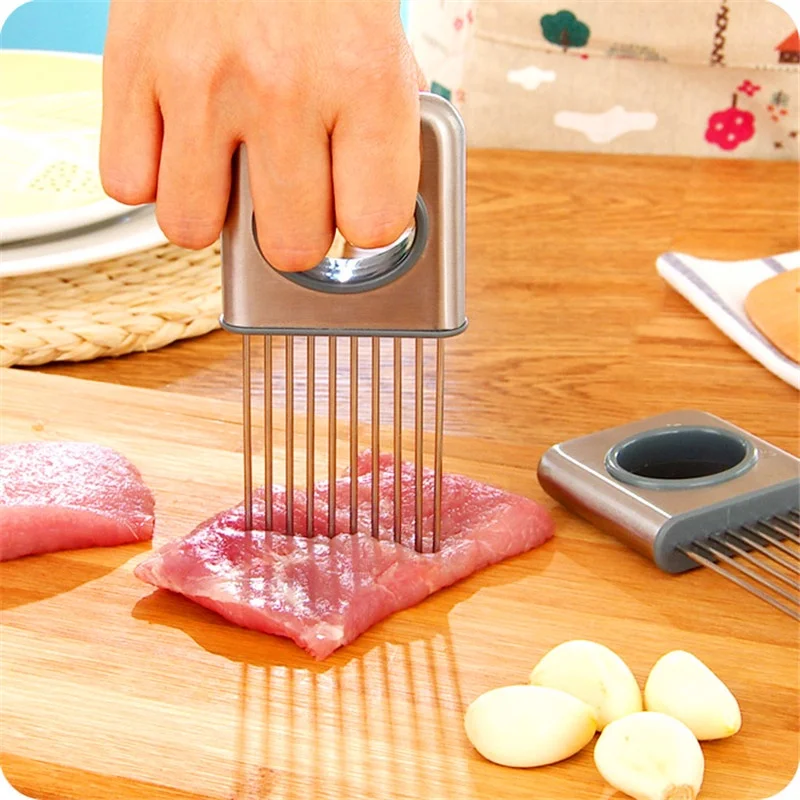 Wholesale kitchen stainless steel handheld vegetables fruits beef tender meat potato lemon onion holder slicer