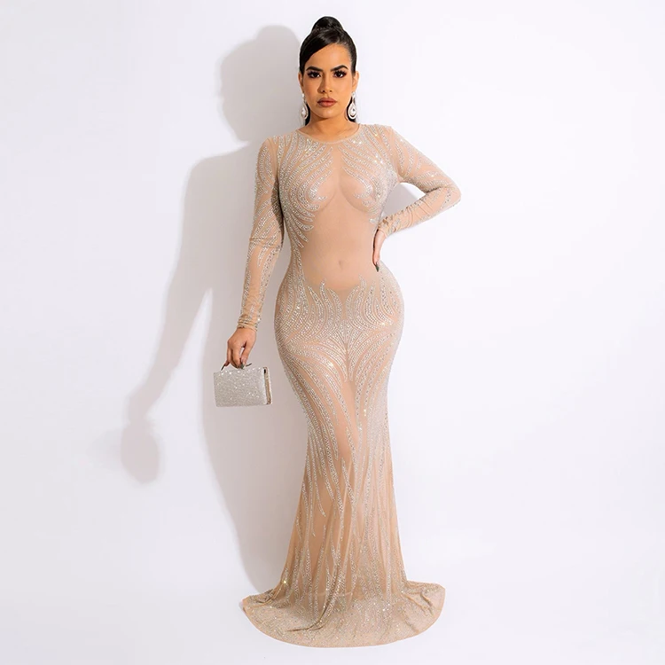 New arrival Elegant luxury stripe crystal long sleeve decor dress tulle see-through prom maxi dress without underwear for sale