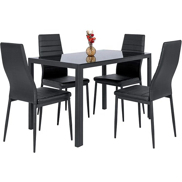 5 Piece Kitchen Dining Table Set Glass Top and 4 Leather Chairs Dinette Black Dining table set