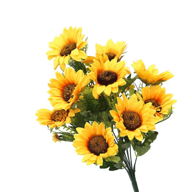  Faux Plants 10 Heads Bunch Silk Long Artificial Sunflowers Bouquet for Home Offce Wedding