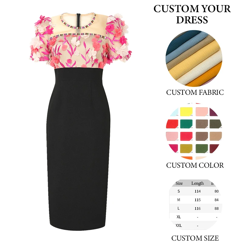 ZYHT 50677 Pink Mesh Ruched 3D Flower Sleeve Lace Stitching French Dress Perspective Split Tight Pencil Dress