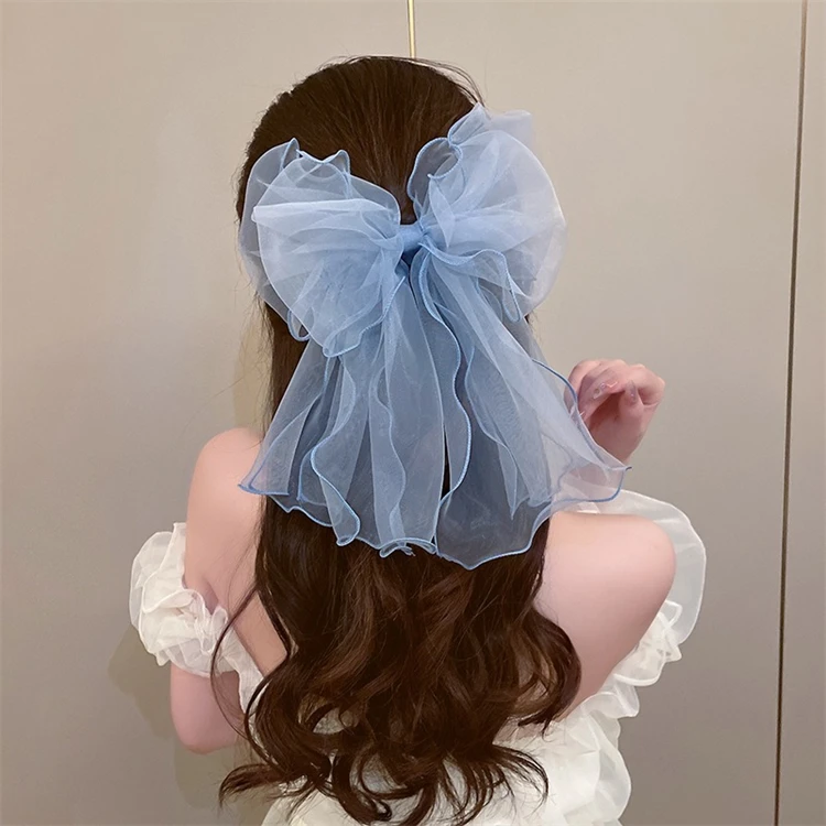 Fashion Organza Big Bow Hair Clip Elegant Ribbon Bowknot Spring Clip Solid Color Handmade Hairpin Women Hair Accessories