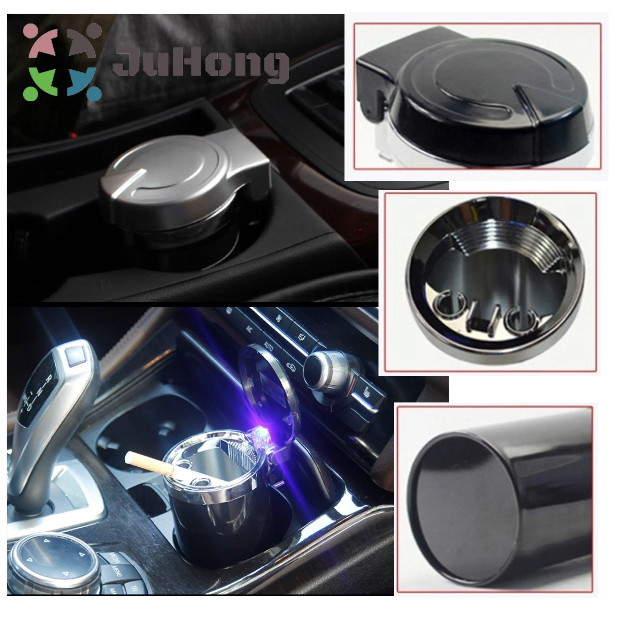Fire Resistant LED Ashtray Black / Silver Large Capacity Place in Car Cup Holder Metal Cup Portable Ashtray