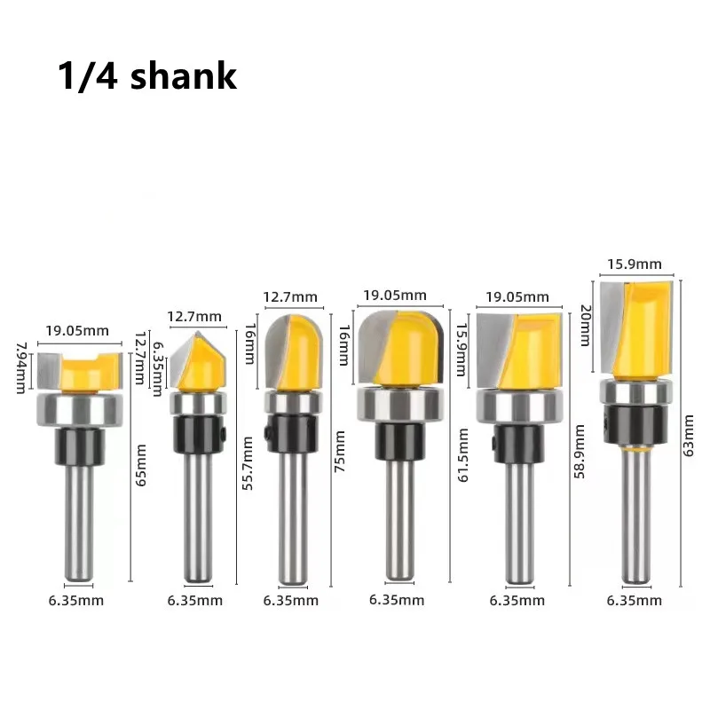 1/4 6 Shank Bearing Router Bit Pattern Bit V Type Ball Nose Clear Bottom Bits with Bearing Carbidetips Milling Cutter