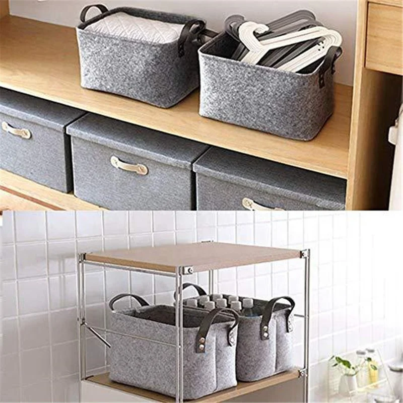 Foldable And Durable Gray Felt Cloth Portable Storage Basket Dirty Clothes Storage Box for Toy with PU Leather Handles