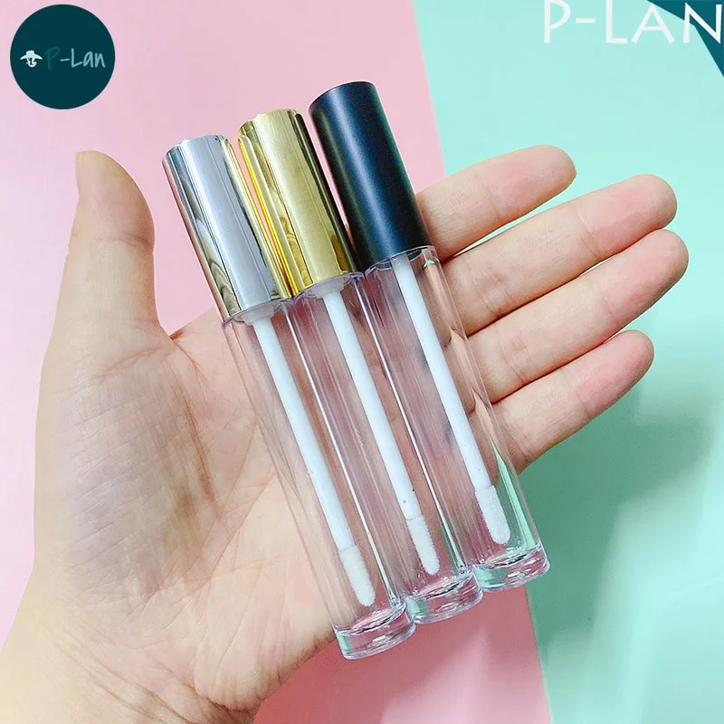 P-Lan Brand Stock 100pieces Custom Logo Round Plastic 6ml Matte Black Silver Gold Empty Lip Gloss Container Tubes With Stopper