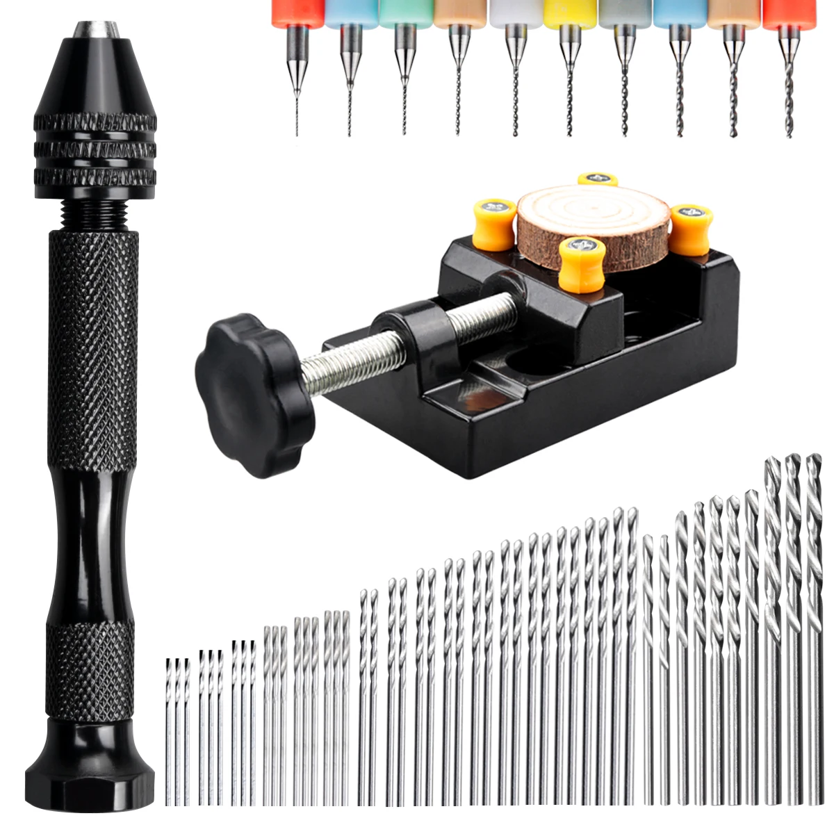 60Pcs Pin Vise Mini Micro Hand Twist Drill Bench Vise Bits Set Rotary Tools Kits 0.3-1.2 mm PCB Mini Drill Bits DIY Tool