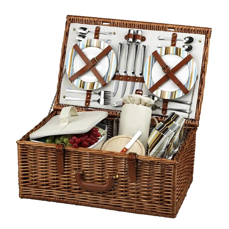 KINGWILLOW muti-function folding thermos picnic basket travel picnic basket with leather handle for Four