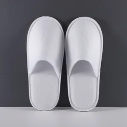 Custom Logo Wholesale High Quality Fur Fluffy White Hotel Room Spa Guest Disposable Cotton Terry Slippers Wholesale Cheap