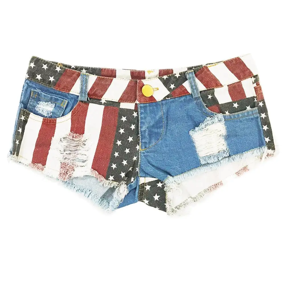 
2019 Wholesale Fashion Summer Low Waist Beach Wear Ripped American Flag Denim Women Sexy Micro Mini Shorts 