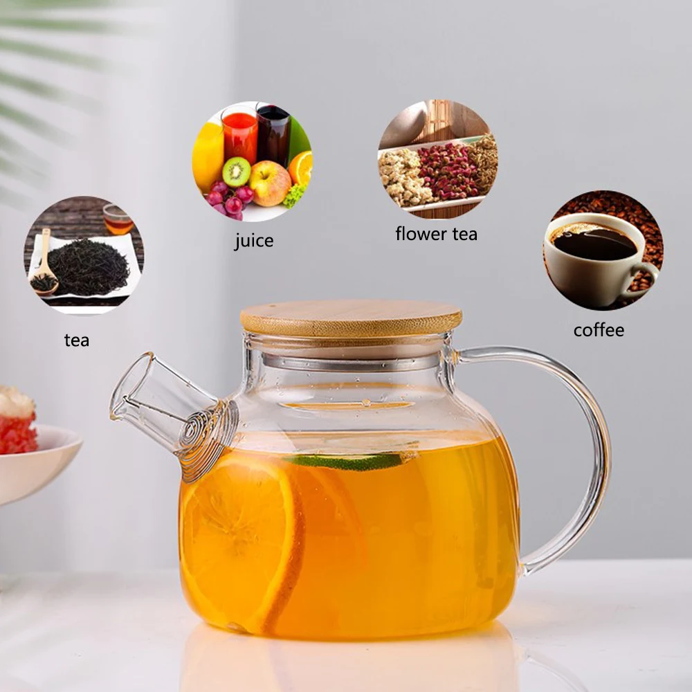 Large Capacity 1000ml  Handmade High Borosilicate Heat Resistant Clear Glass Teapot With Bamboo Lid With Glass Handle