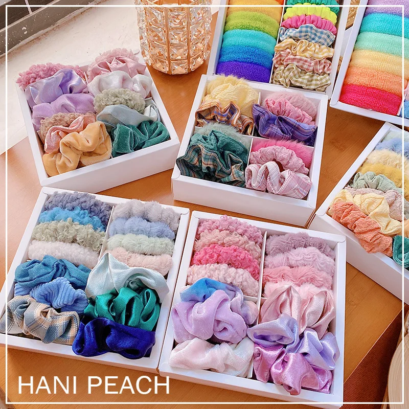 New Scrunchies Rainbow Boxes Gum Hair Tie For Women Girls Printed Floral Elastic Hair Bands Lace Ponytail Hold Hair Accessories