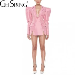 Women Blazer Puff Sleeve V-neck Pink Retro Long Blazers And Jackets Plus Size Sexy Split Suit Coats Spring/Autumn Top