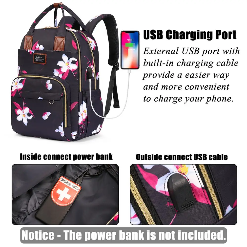 Lokass 15.6 inch Floral School Bookbag Laptop Bag Laptop Backpack with USB Charging Port and Luggage Strap