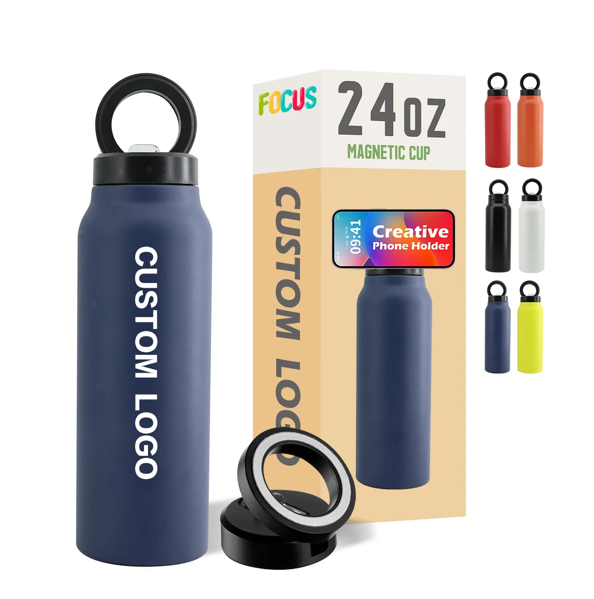 Custom 24oz Double Wall Insulated Thermos Flask Magsafe Water Bottle For Iphone with Magnetic Booster Ring lids and Straw