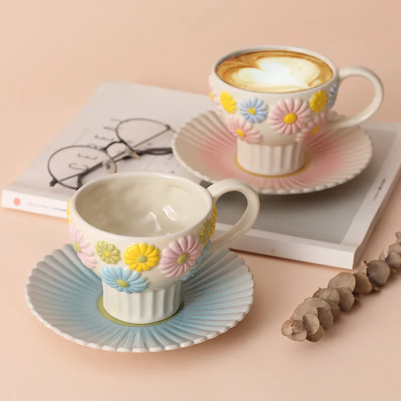 Hand Made Creamic Relief Flower Ceramic Coffee Mug Emboss Ceramic Mug Luxury Afternoon Tea Cup Set