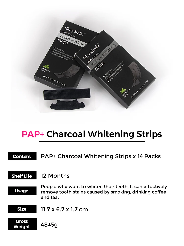 Wholesale Professional Teeth Whitening Bleaching Private Label PAP Natural Charcoal 5D Teeth Whitening Dry Strips