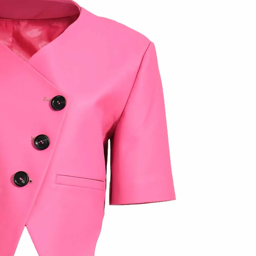 Spring Autumn Hot Sale High Quality Half Sleeve  Irregular Leather Jacket Latest Design Genuine Leather Jacket Women