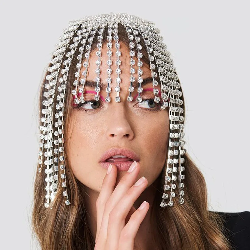 Rhinestone Headpiece Tassel Chain for Women Handmade Hat Crystal Headbands Wedding Hair Accessories (1600068857947)