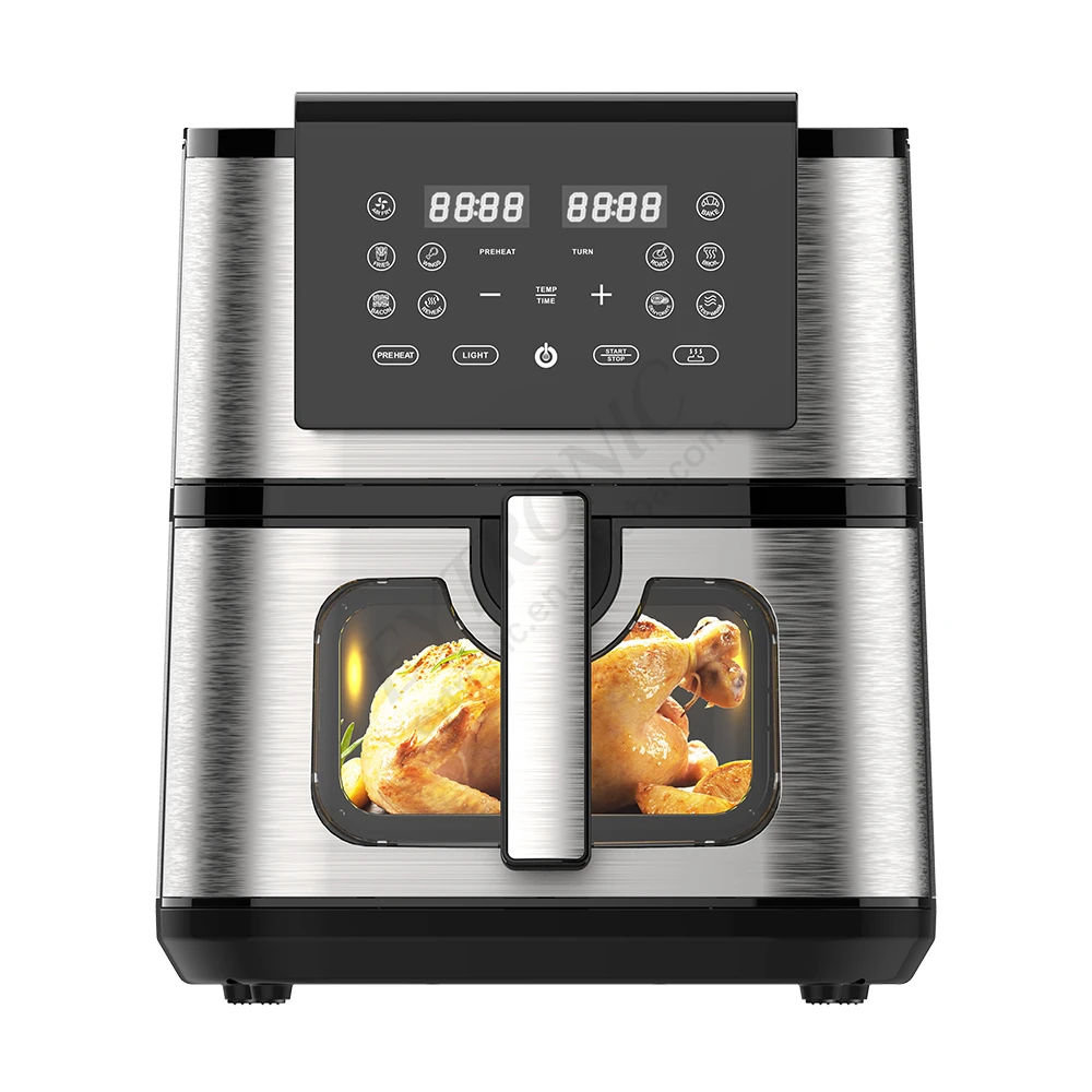 Brushed Metal Texture 5.5L 6L 7L 8L 10L Visual Double heating Digital Electric Air Fryer with Full Stainless Steel surface