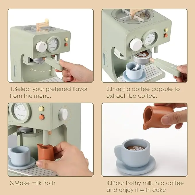 Wooden Coffee Maker Toy with Grinder  Pretend Play Kitchen Appliances & Accessories Toy Gift for Kids Toddlers