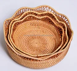 Eco-Friendly Round Shape Woven Rattan Bread Tray Basket With Handles