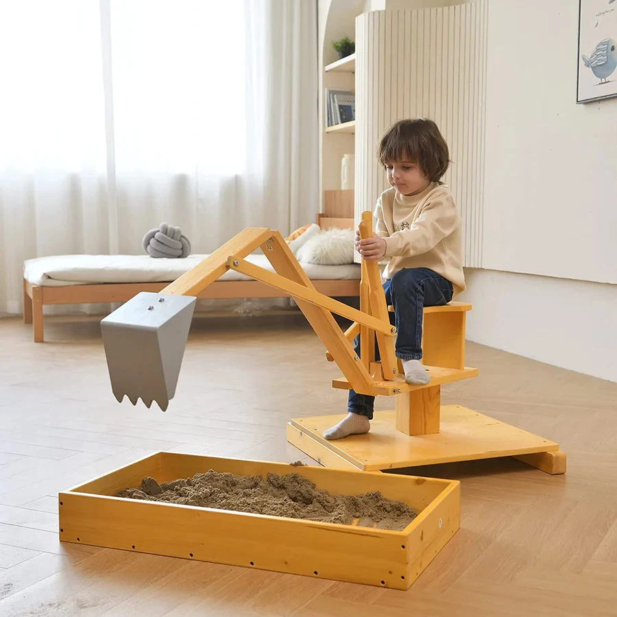 Kids Playground Equipment Wooden Sandbox Digging Toy with Working Crane