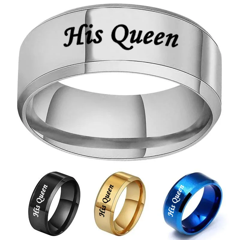 Titanium Stainless Steel Couple Rings Her King His Queen Jewelry Black Silver Blue Gold 8mm Band Ring Wedding Engagement Gift