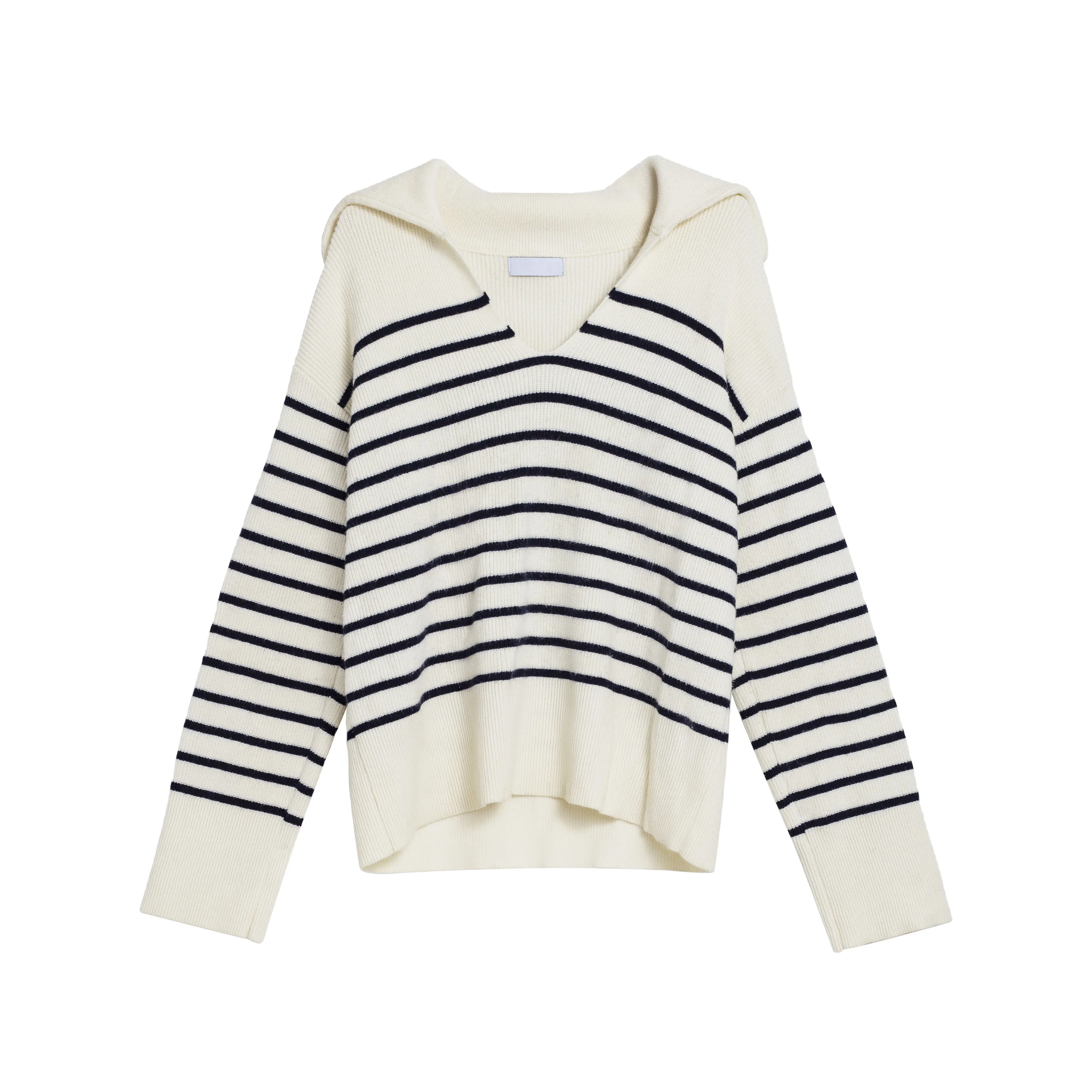 DLDM OEM&ODM Custom Design Sailor Collar Long Sleeve V-Neck Striped Knitwear Women Organic Wool Cotton Knitted Pullover Sweater