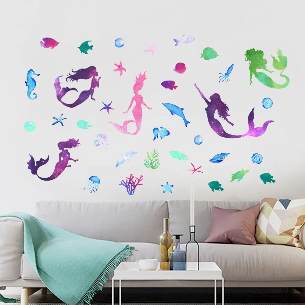 Custom 3D Golden Purple Mermaid Wall Decal Kids Room Bedroom Bathroom Decoration Wall Stickers