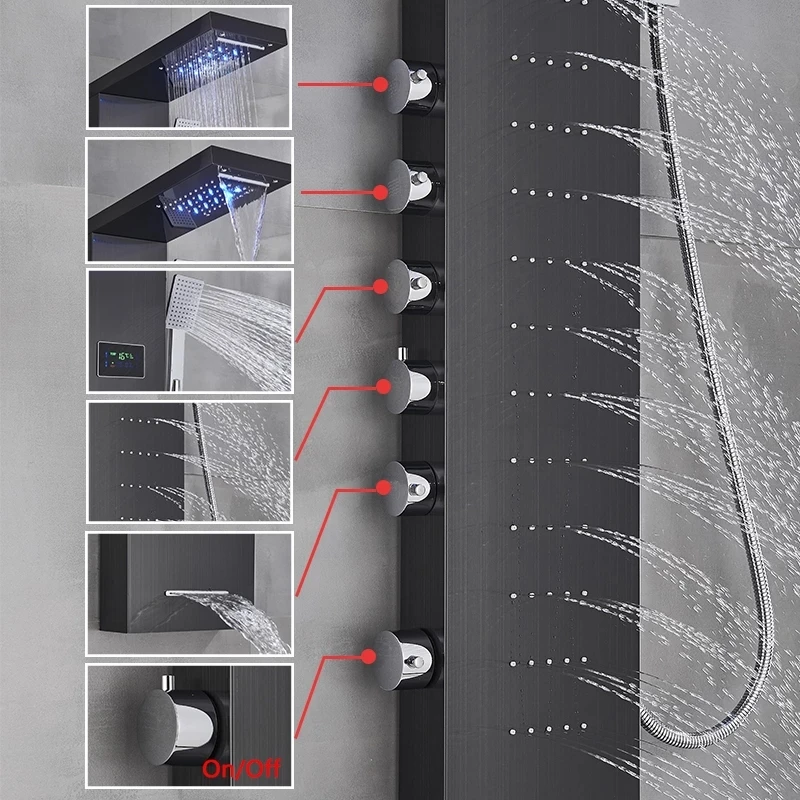 Digital Display Rainfall Shower Faucet Bathroom SPA Massage Jet Black LED Light Shower Panel With Handshower Bidet Sprayer Tap