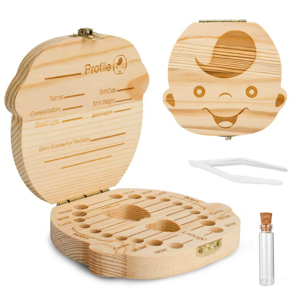 Special Girls Boys Memory Gift Baby Teeth Keepsake Box Wooden Tooth Holder Multilingual Children Tooth Container