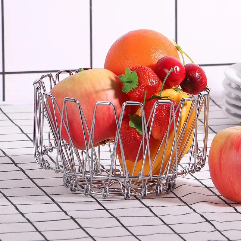 2024 Decorative Metal Wire Food Storage Basket Vegetable Fruit Kitchen Foldable Storage Basket Kitchen Fruit Wash Baskets