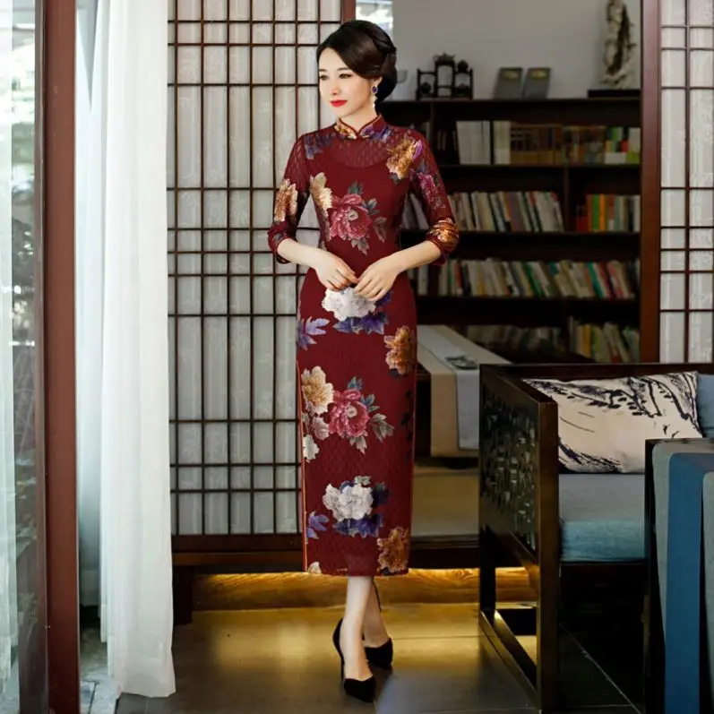  Китайские современные модные длинные Cheongsam элегантный половина рукава Qipao кружевных тканей платье для женская обувь свадебной