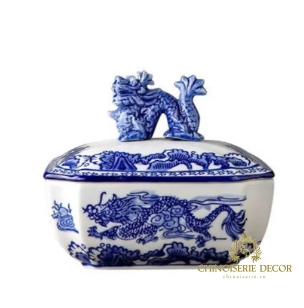 3D Dragon lid blue and white storage bottles cookie jar ceramic mini wide  jar