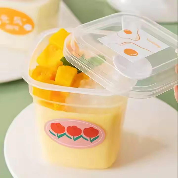 Customizable Pattern Disposable Plastic Pudding Cup with Lid and Spoon,PP Clear Sturdy Plastic Dessert Cup for Yogurt and Mousse