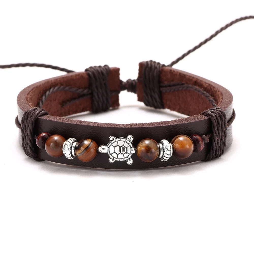 Hot sale leather jewelry vintage versatile cowhide drawstring bracelet wooden beads small turtle turtle accessories