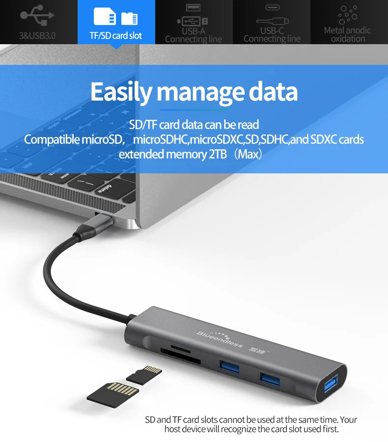 Алюминиевый концентратор Usb C адаптер 3 0 Pcb к мульти Sd кардридер 5 в 1