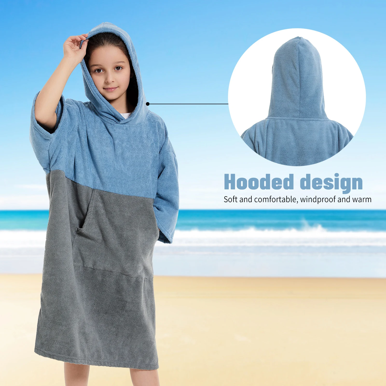 Towel Robe Chidren Microfiber Changing Robe with Hoodie and Large Front Pocket for Surfing and Outdoor Activities